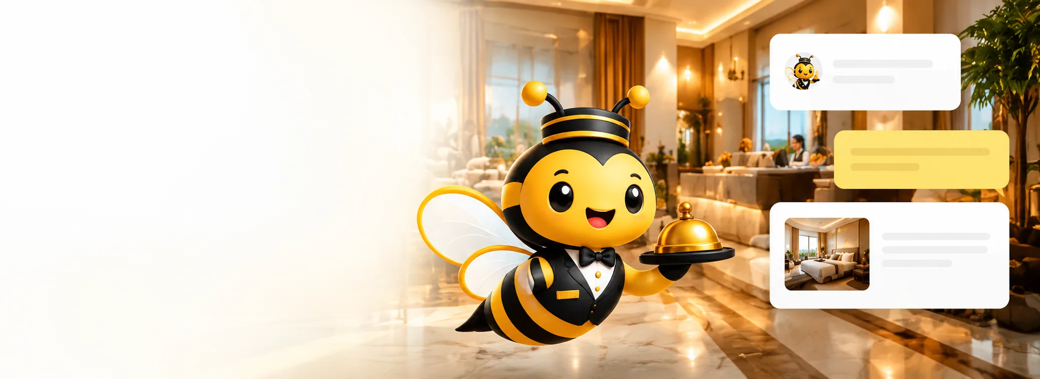 HotelBee's bee bellhop welcoming guests in a hotel lobby