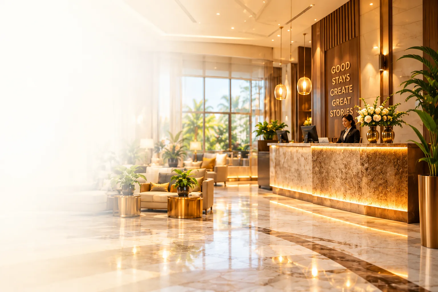 Warm, modern hotel lobby with reception desk